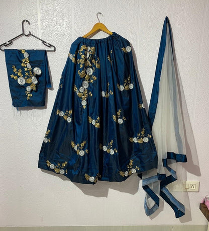 Navy blue two tone tapeta silk fancy embroidered lehenga choli