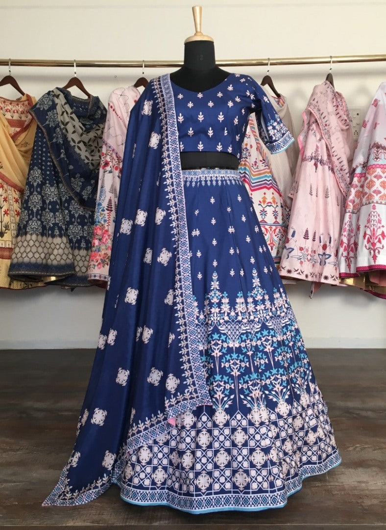 Navy blue vaishali silk digital printed lehenga choli