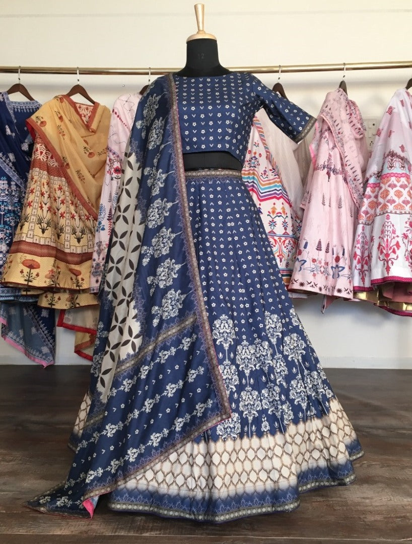 Navy blue vaishali silk digital printed lehenga choli