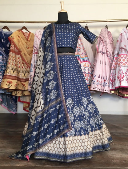 Navy blue vaishali silk digital printed lehenga choli