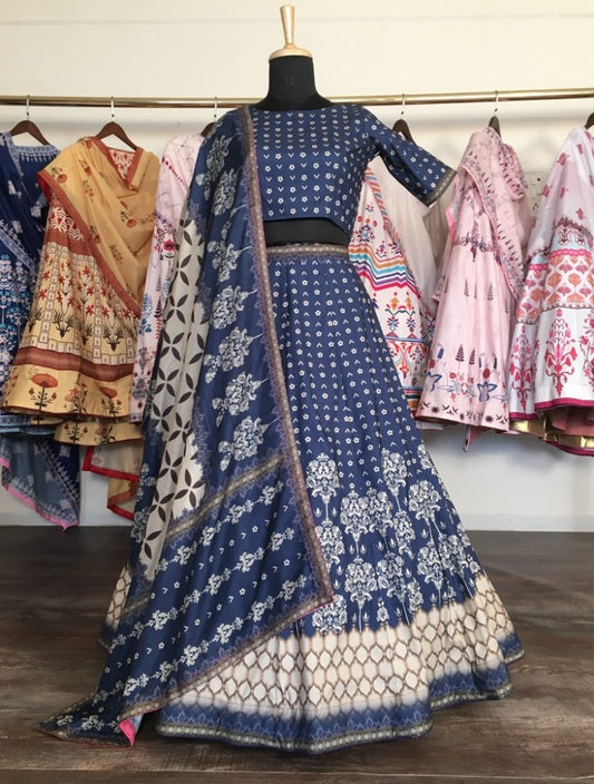 Navy blue vaishali silk digital printed lehenga choli