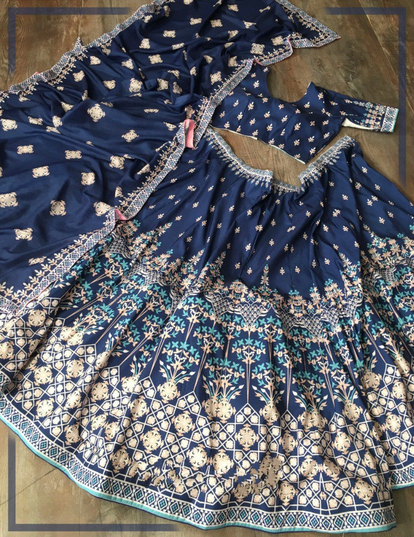 Navy blue vaishali silk digital printed lehenga choli