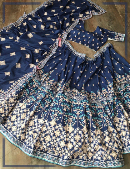 Navy blue vaishali silk digital printed lehenga choli