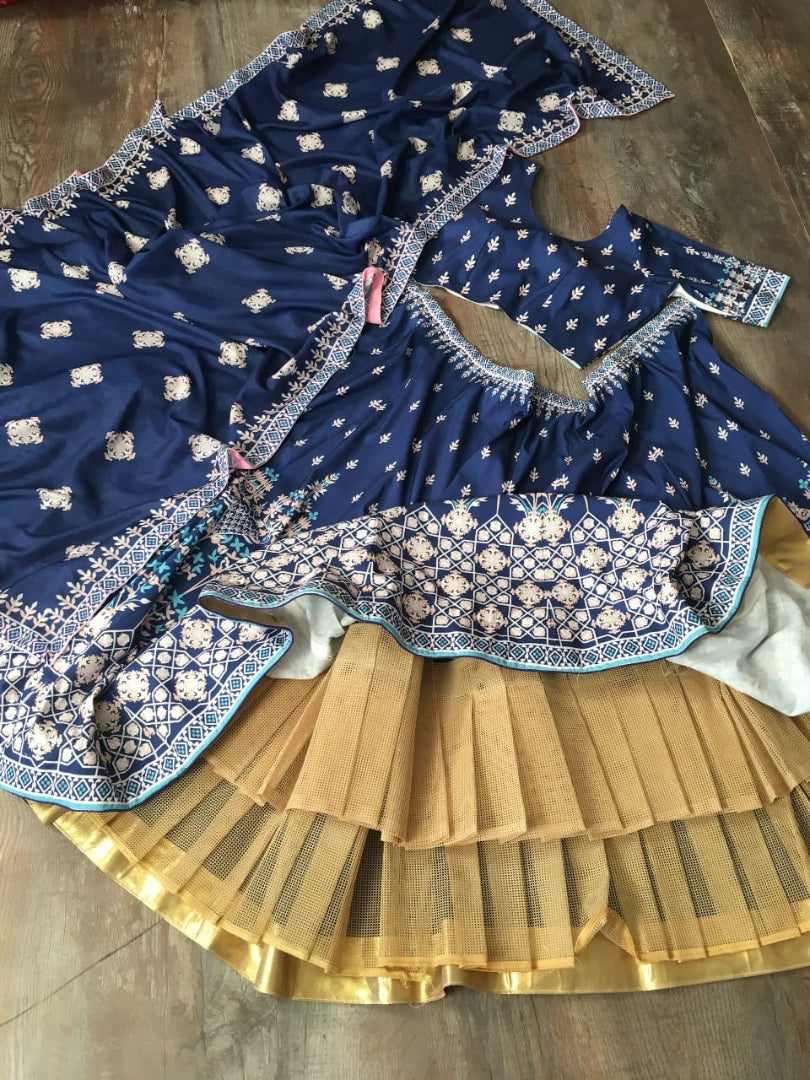 Navy blue vaishali silk digital printed lehenga choli