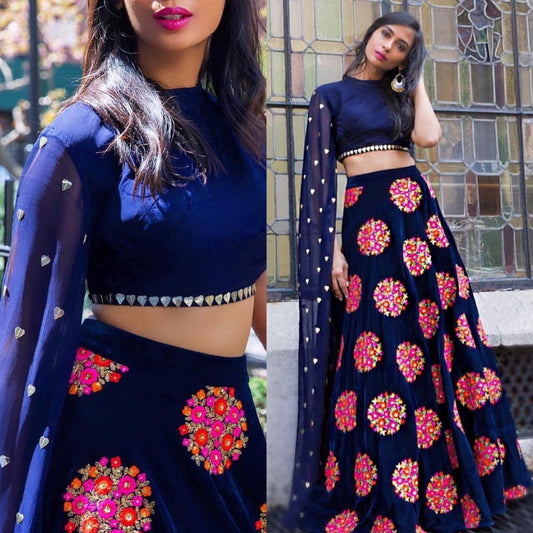 Navy blue velvet designer embroidered partywear lehenga choli