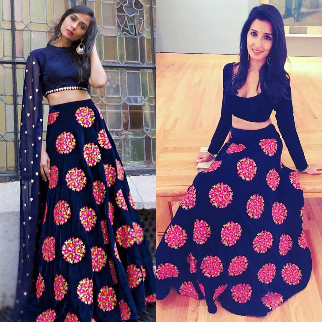 Navy blue velvet designer embroidered partywear lehenga choli
