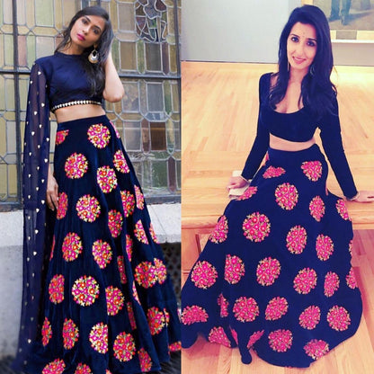 Navy blue velvet designer embroidered partywear lehenga choli