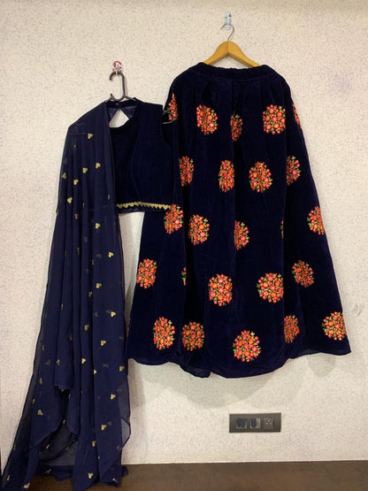 Navy blue velvet designer embroidered partywear lehenga choli