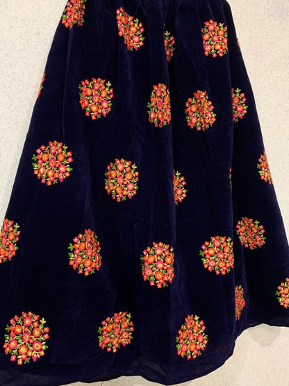 Navy blue velvet designer embroidered partywear lehenga choli