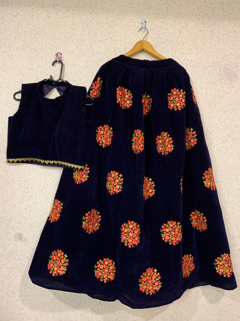 Navy blue velvet designer embroidered partywear lehenga choli