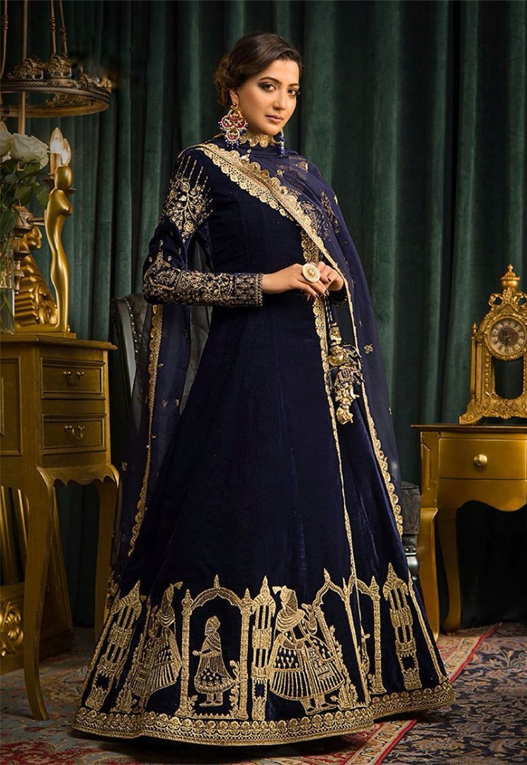 Navy blue velvet designer wedding gown