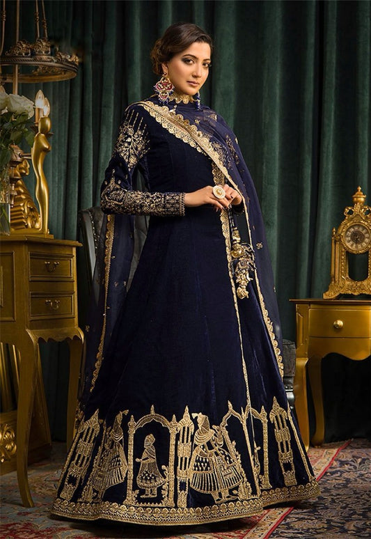 Navy blue velvet designer wedding gown