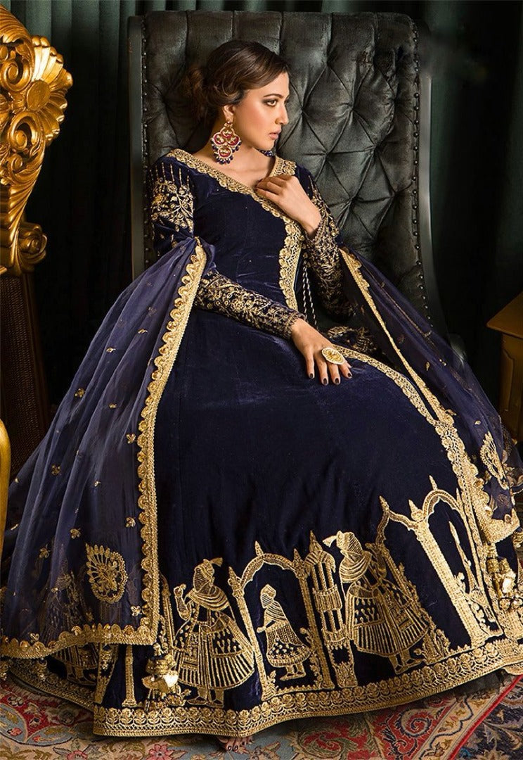 Navy blue velvet designer wedding gown