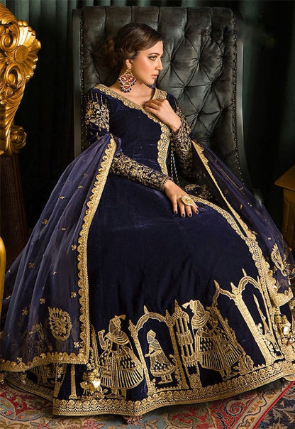 Navy blue velvet designer wedding gown