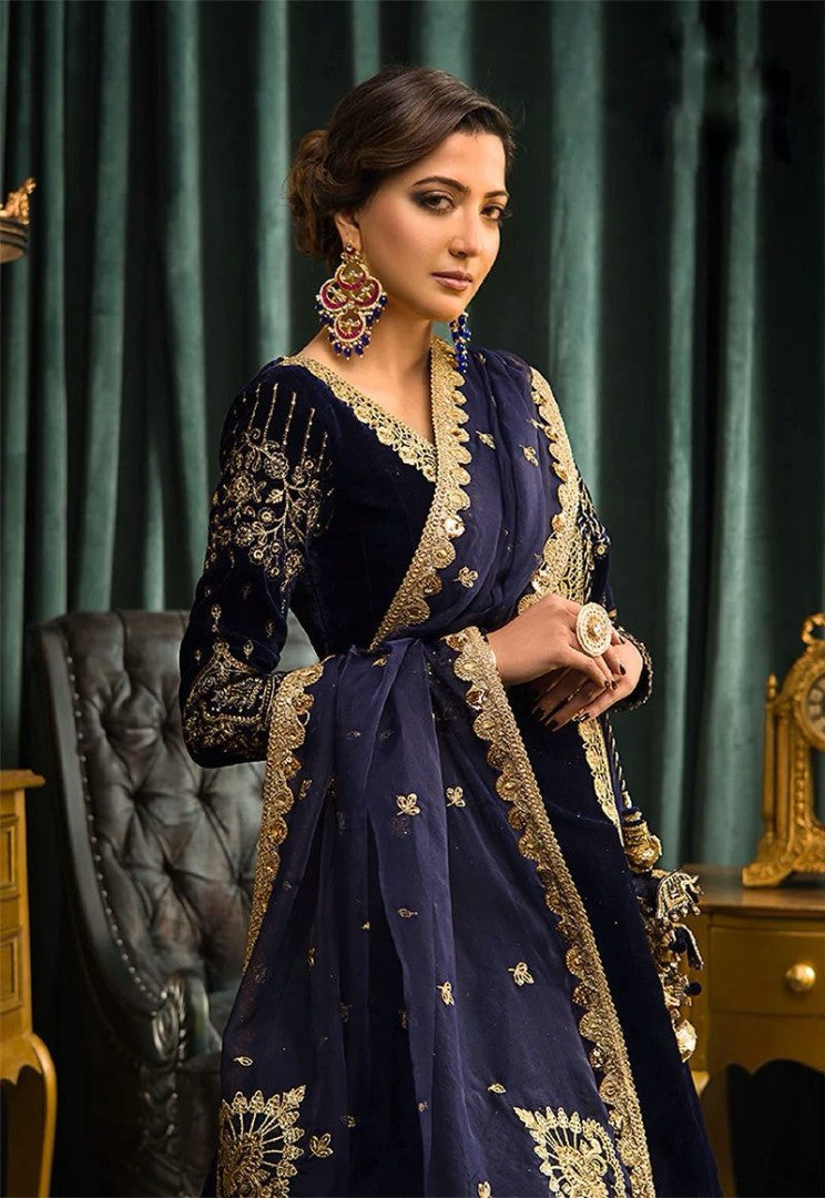 Navy blue velvet designer wedding gown