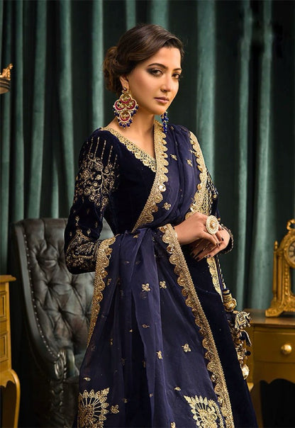 Navy blue velvet designer wedding gown