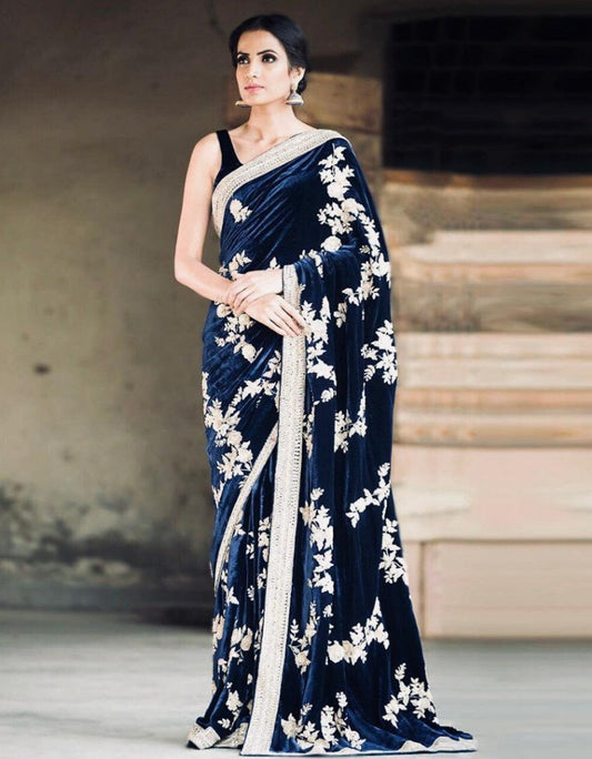 Navy blue velvet embroidered partywear saree