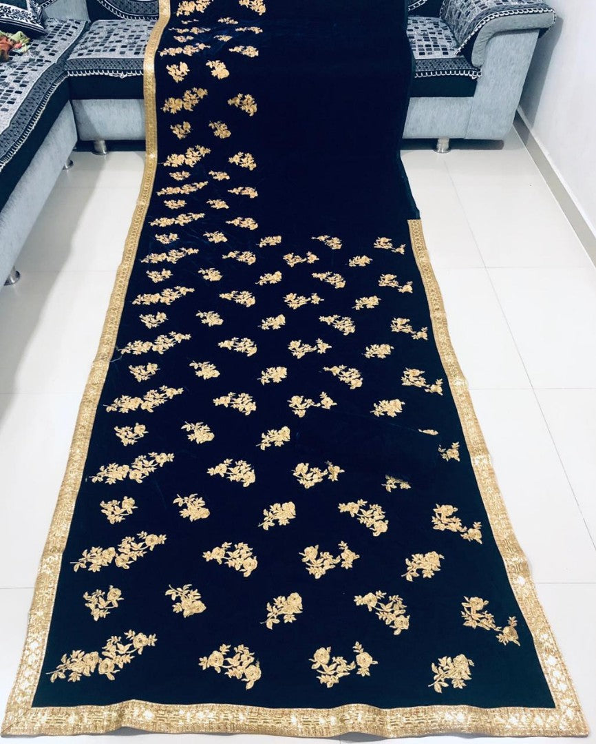Navy blue velvet embroidered partywear saree