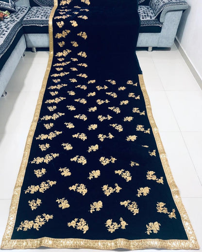 Navy blue velvet embroidered partywear saree