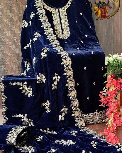 Navy blue velvet embroidery work plazzo suit