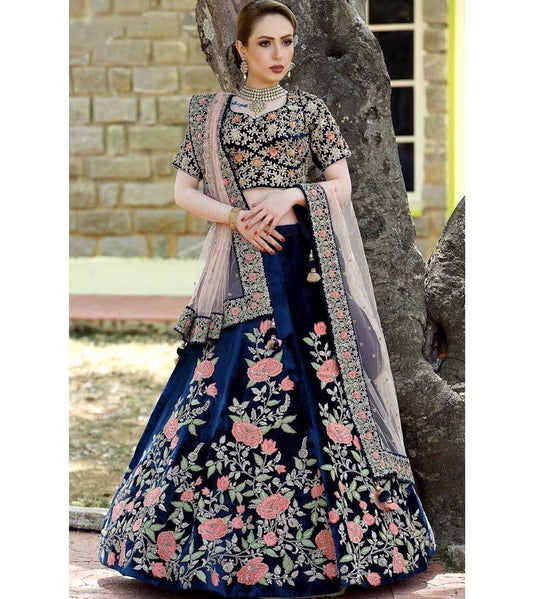 Navy blue velvet heavy embroidered bridal lehenga