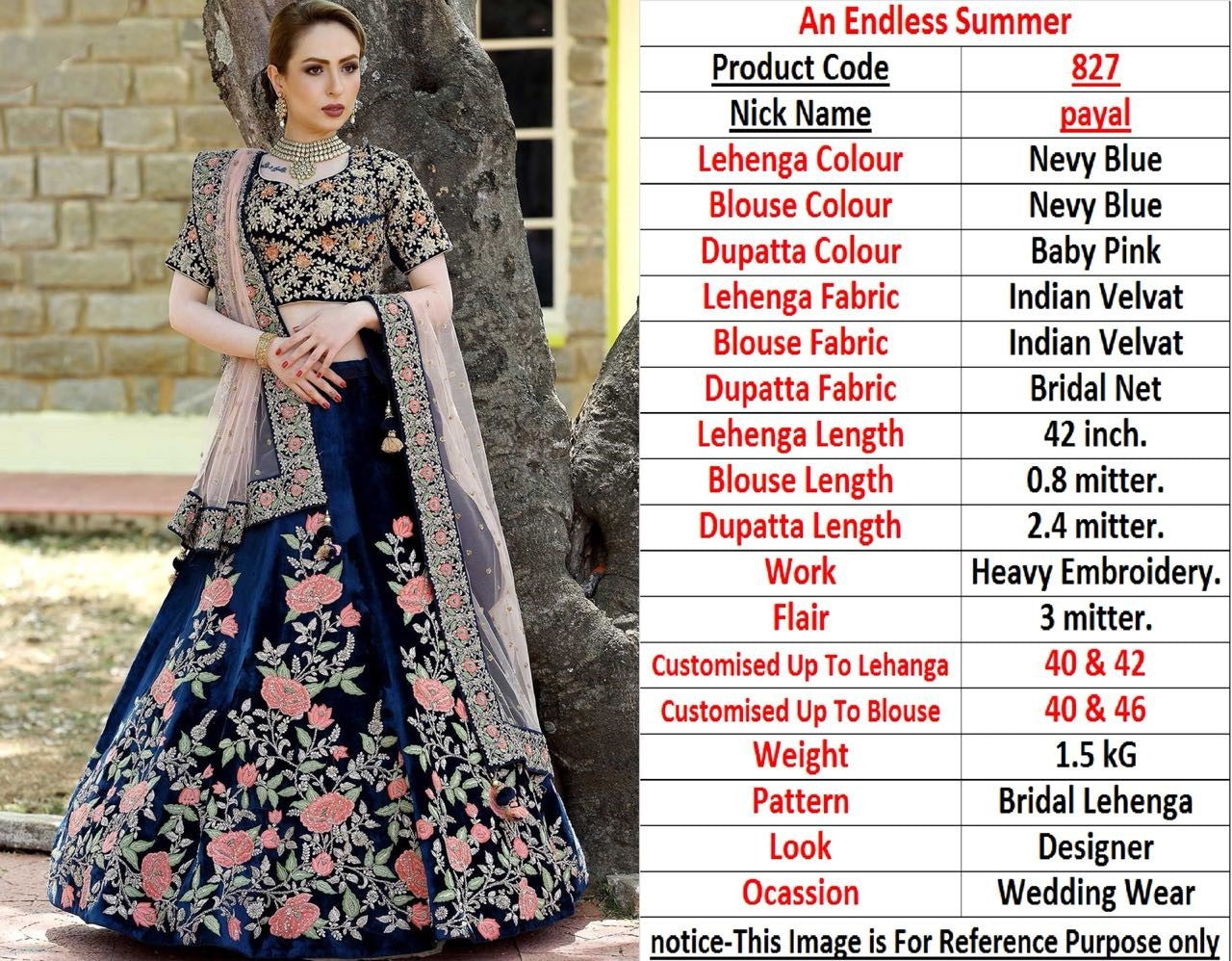 Navy blue velvet heavy embroidered bridal lehenga