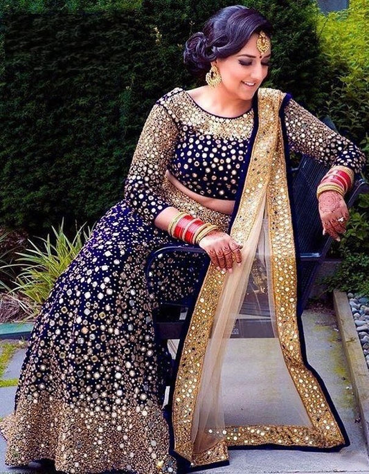 Navy blue velvet heavy embroidered mirror work wedding lehenga choli
