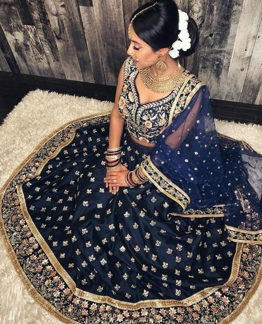 Navy blue velvet heavy embroidered wedding lehenga choli