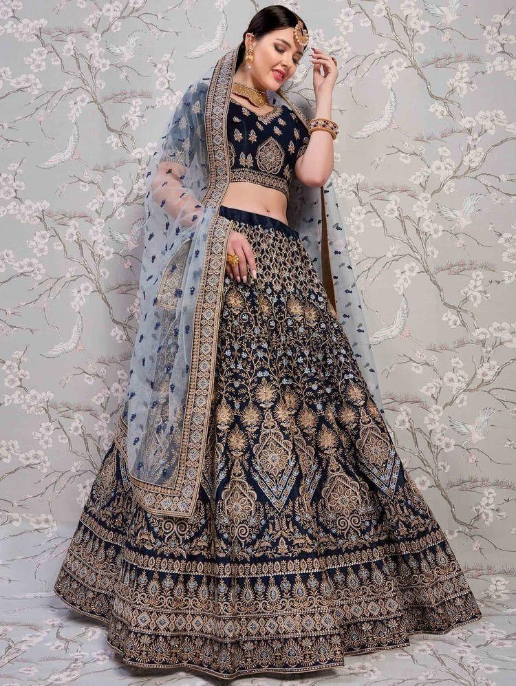 Navy blue velvet heavy embroidery work wedding lehenga