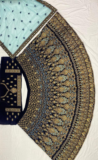 Navy blue velvet heavy embroidery work wedding lehenga