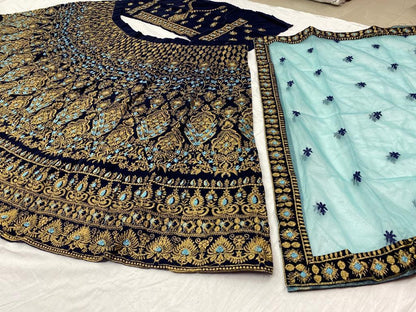 Navy blue velvet heavy embroidery work wedding lehenga