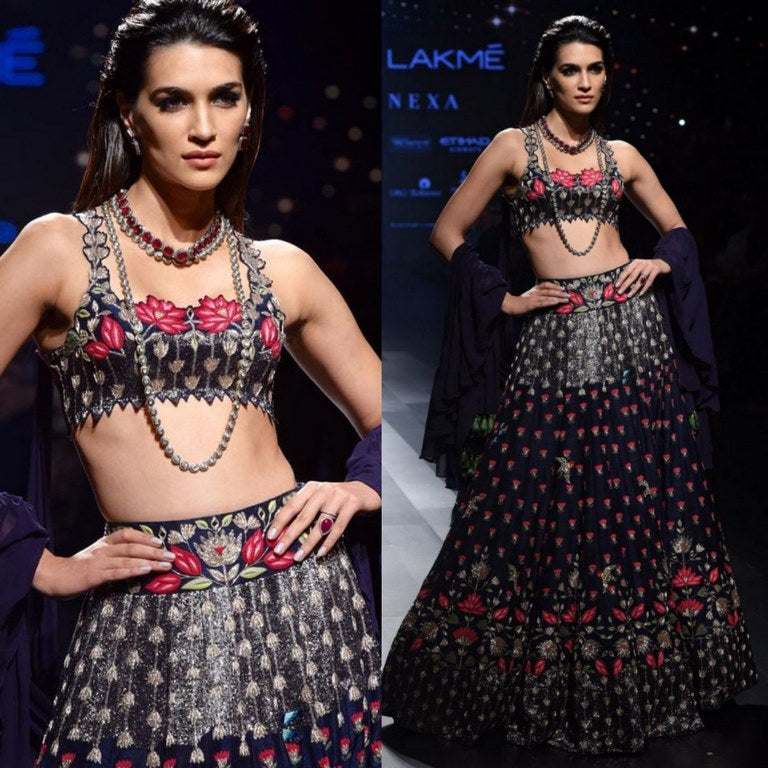 Navy blue velvet multicolor thread work heavy wedding lehenga