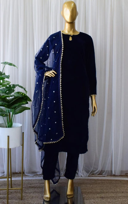 Navy blue velvet party wear pant salwar suit