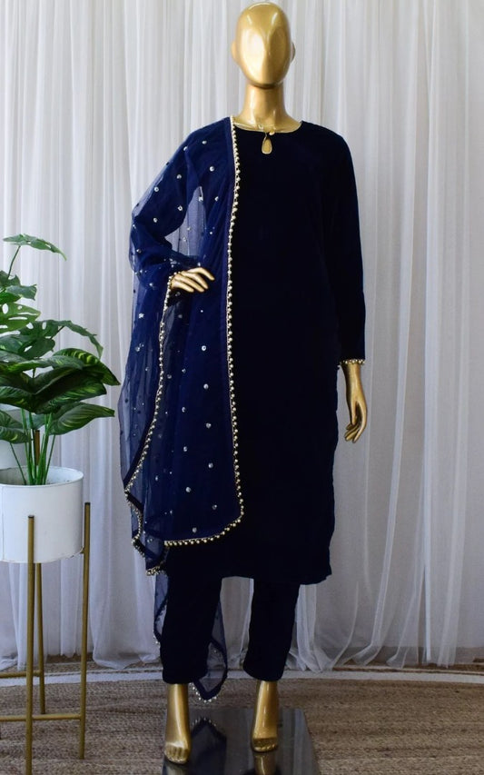 Navy blue velvet party wear pant salwar suit