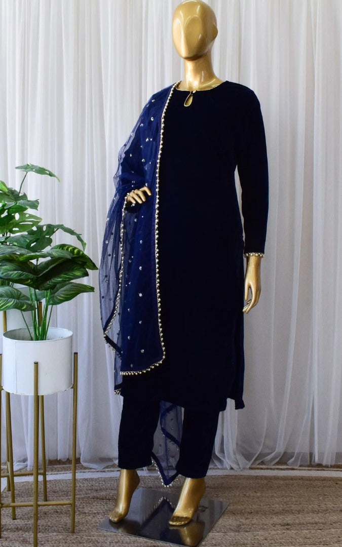 Navy blue velvet party wear pant salwar suit
