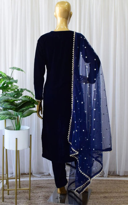 Navy blue velvet party wear pant salwar suit