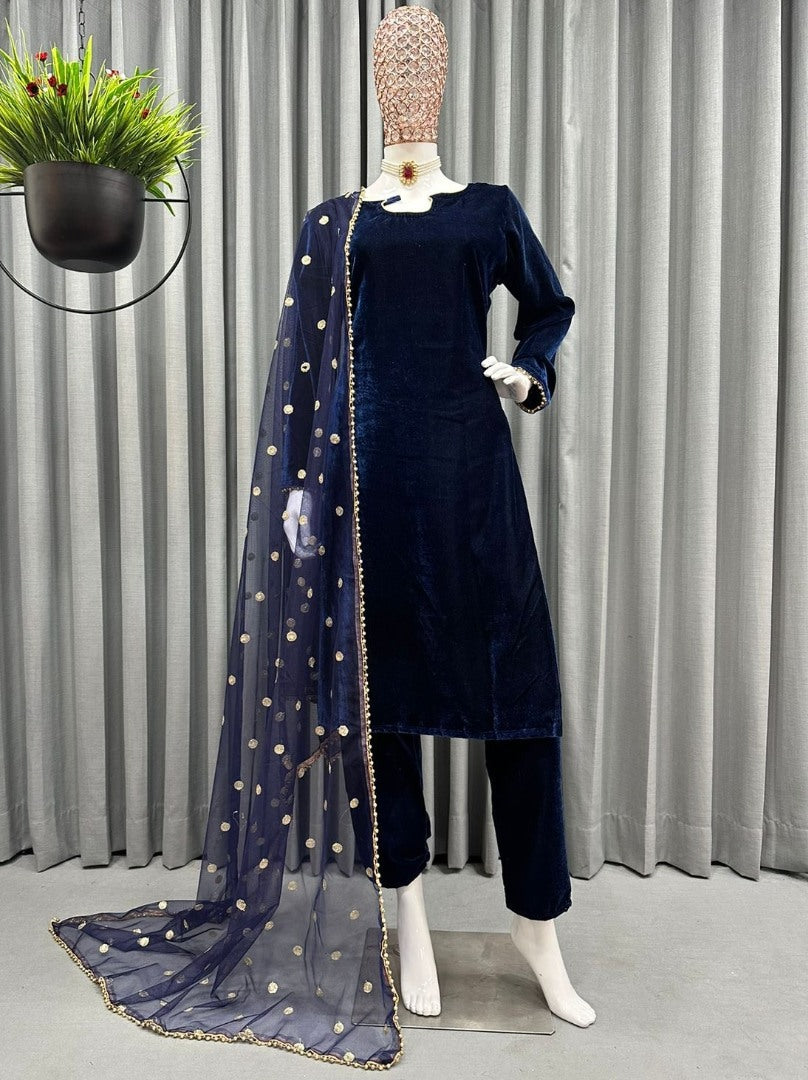 Navy blue velvet party wear pant salwar suit