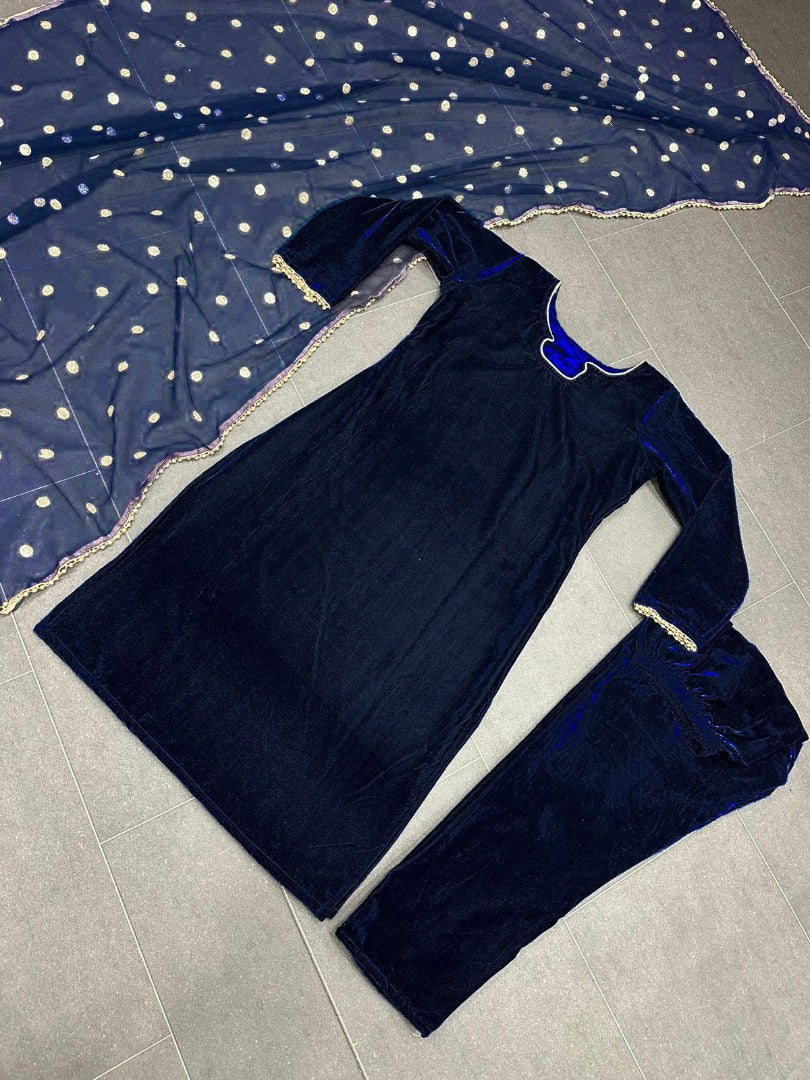 Navy blue velvet party wear pant salwar suit