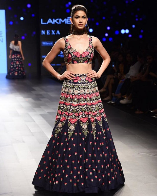 Navy blue velvet resham threadwork heavy wedding lehenga