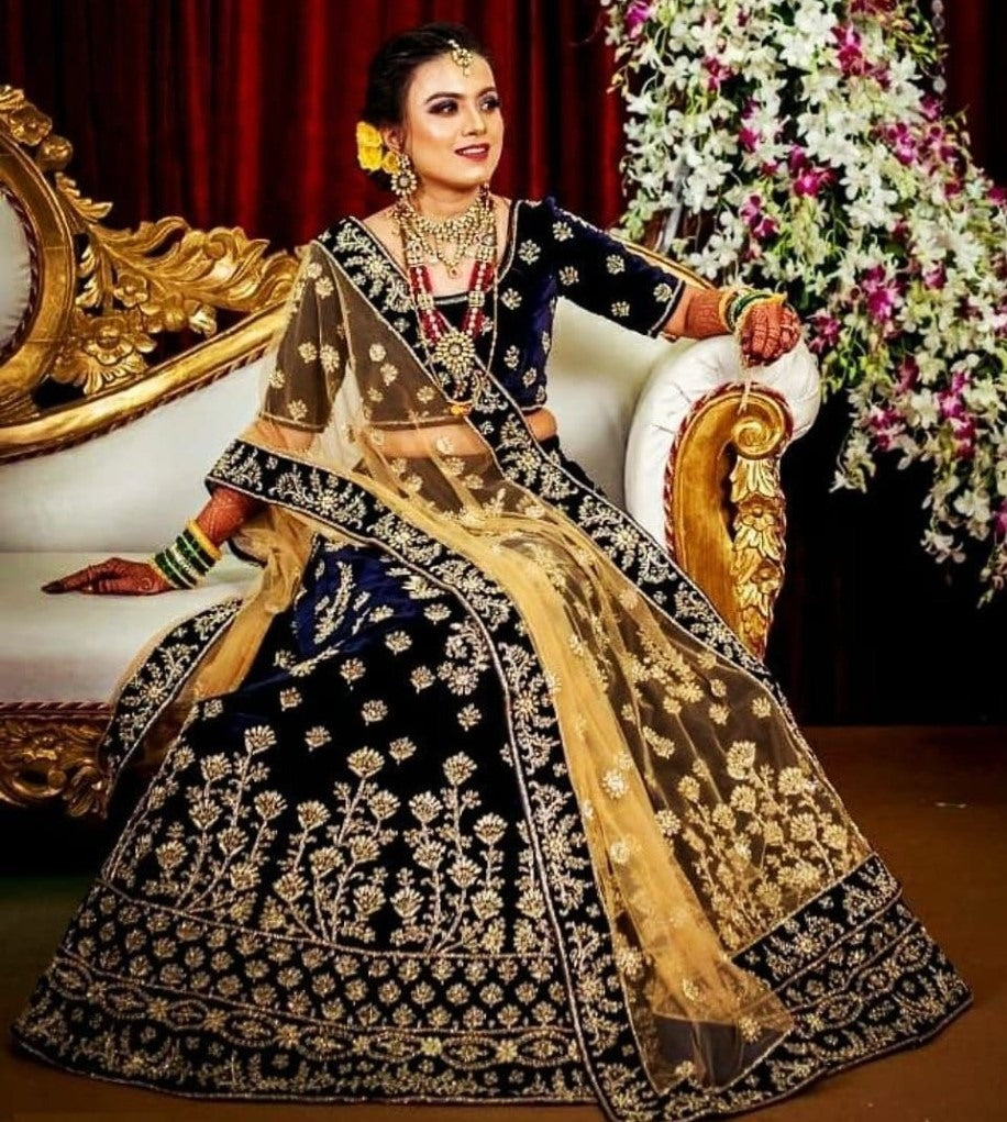 Navy blue velvet satin heavy embroidered ceremonial lehenga choli