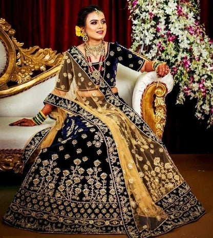 Navy blue velvet satin heavy embroidered ceremonial lehenga choli