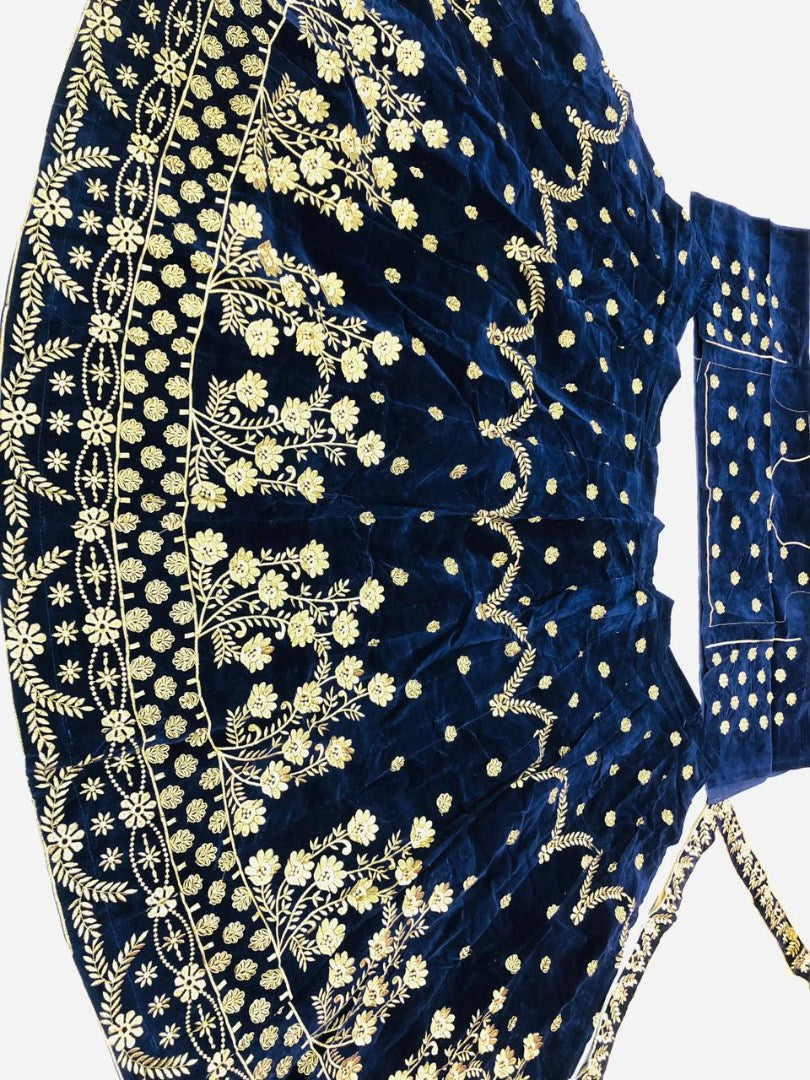 Navy blue velvet satin heavy embroidered ceremonial lehenga choli