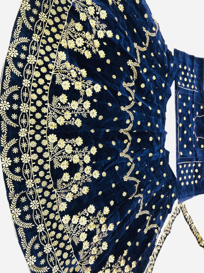Navy blue velvet satin heavy embroidered ceremonial lehenga choli