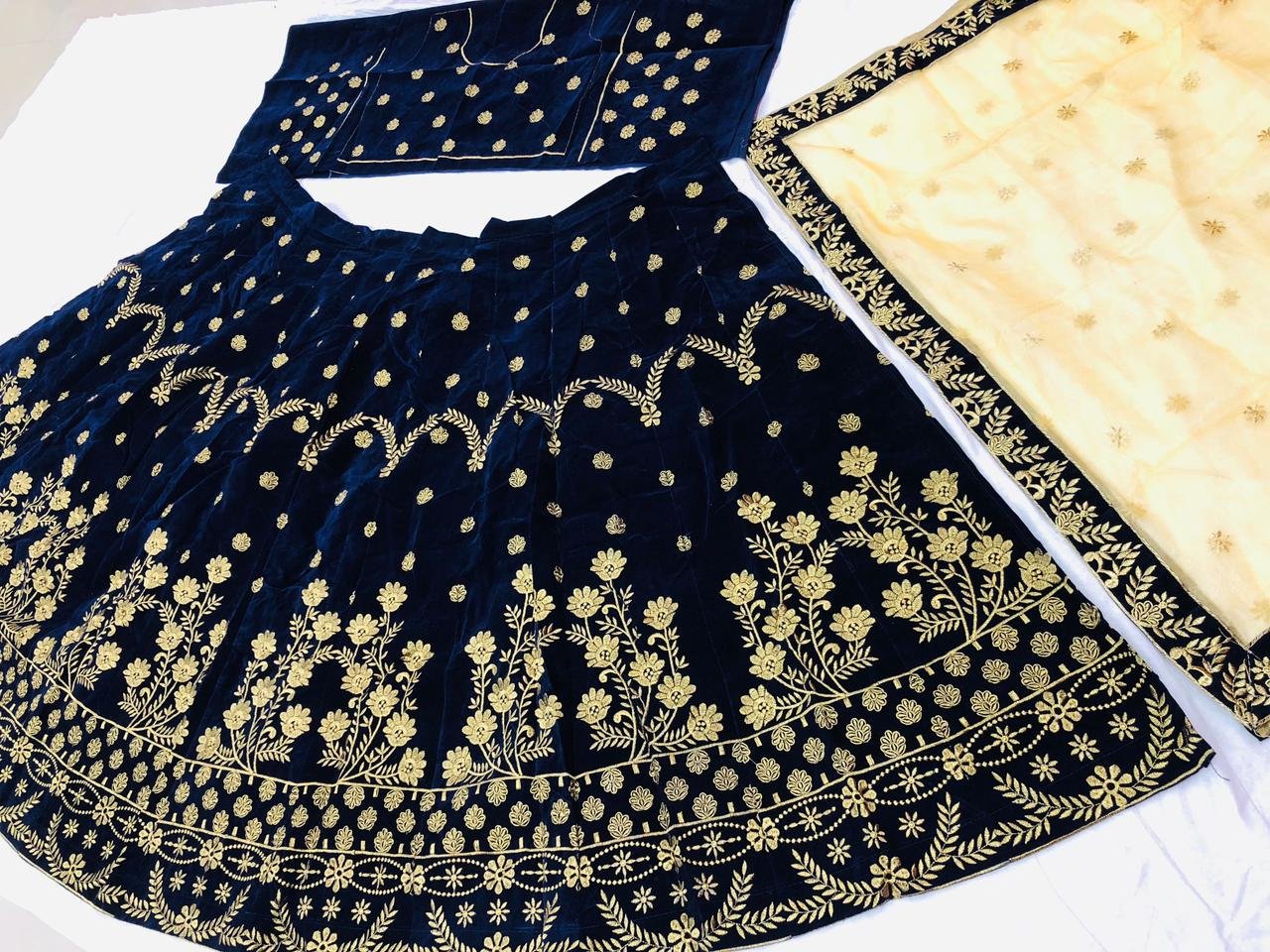 Navy blue velvet satin heavy embroidered ceremonial lehenga choli