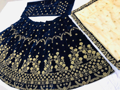 Navy blue velvet satin heavy embroidered ceremonial lehenga choli