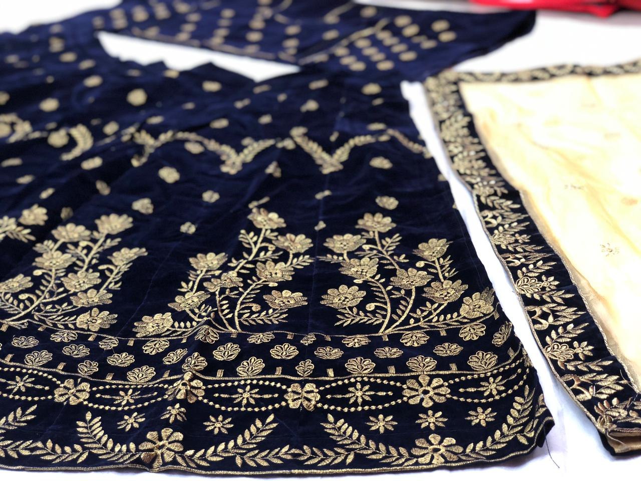 Navy blue velvet satin heavy embroidered ceremonial lehenga choli