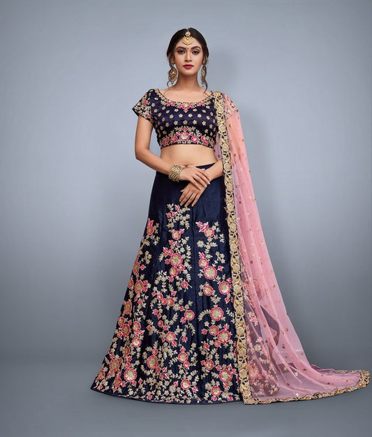 Navy blue velvet silk heavy embroidered bridal lehenga