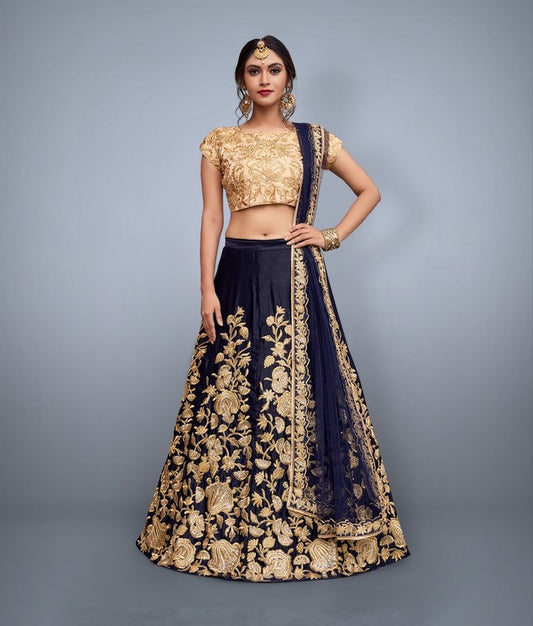 Navy blue velvet silk heavy embroidered bridal lehenga
