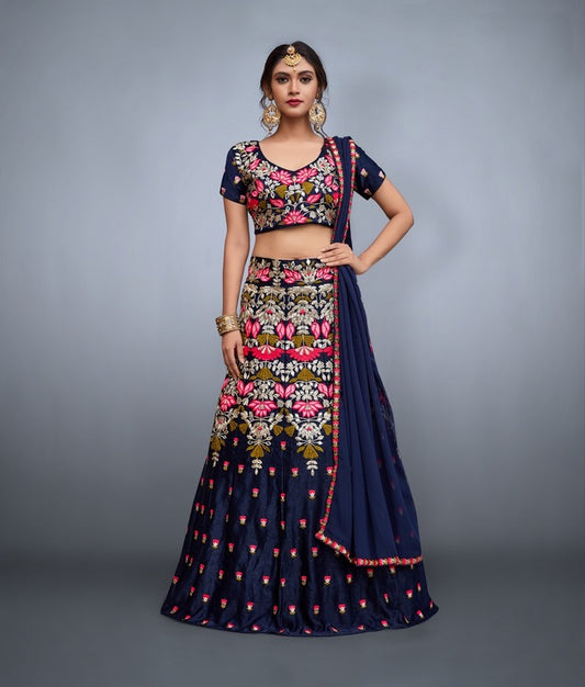 Navy blue velvet silk multicolor thread work ceremonial lehenga