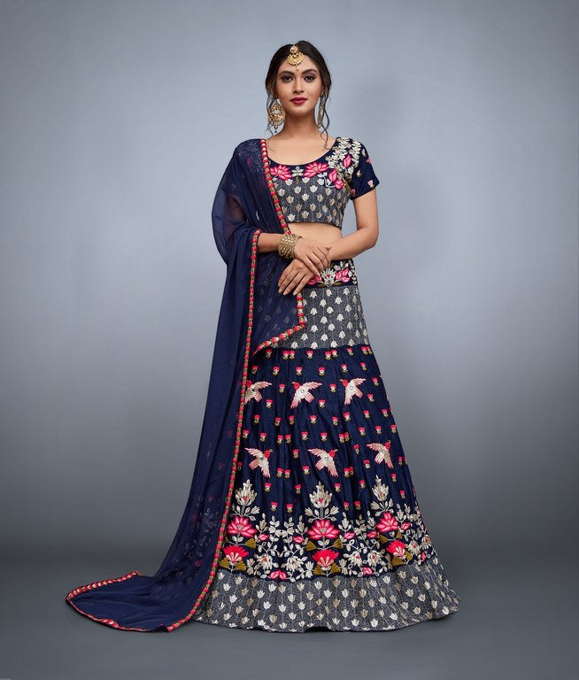 Navy blue velvet silk multicolored thread worked lehenga